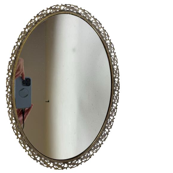 Vintage Oval Ornate Gold Metal Trimmed Mirrored Large Vanity Tray - Picture 1 of 5